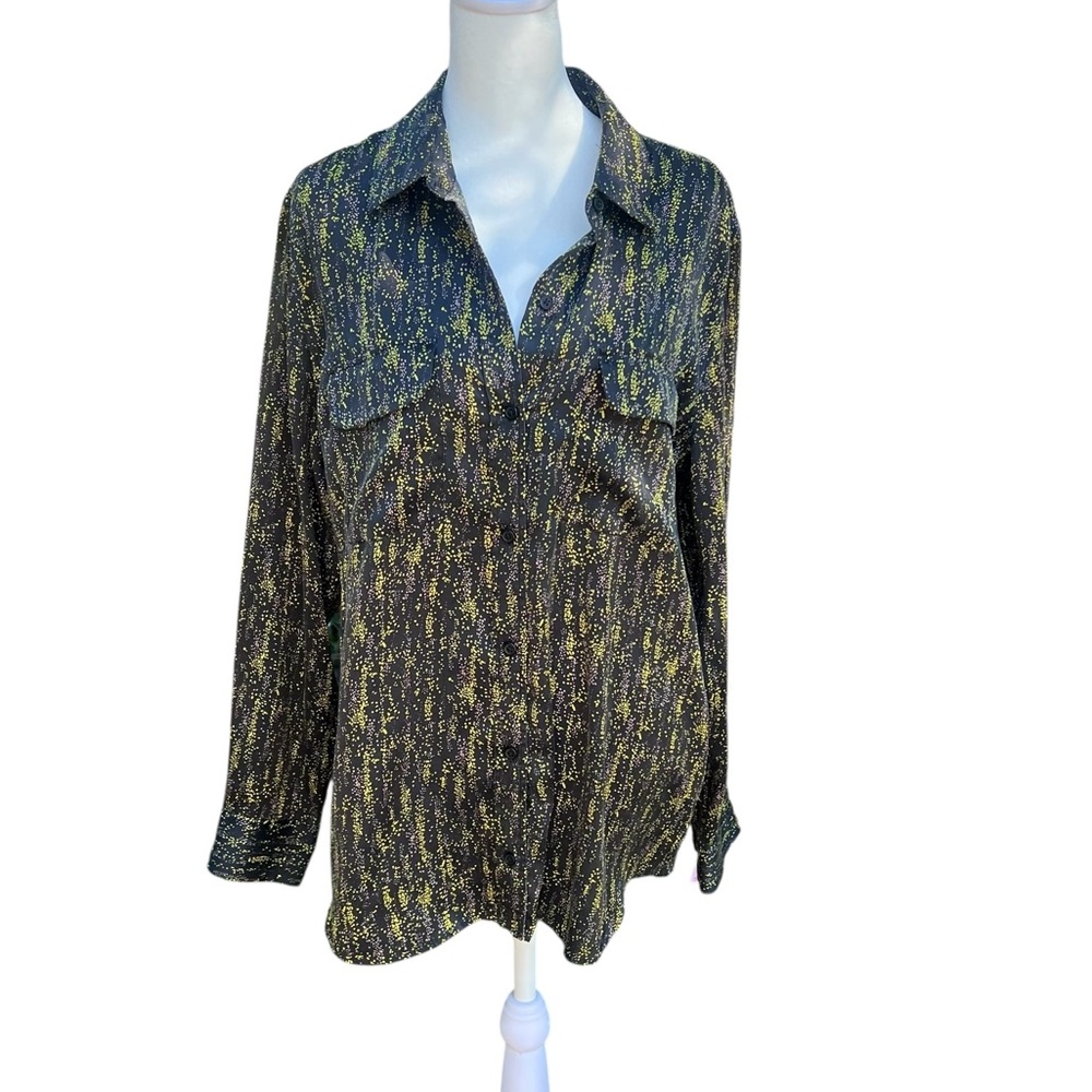 Equipment Black and Yellow Patterned Button Down Silk Shirt Size Large